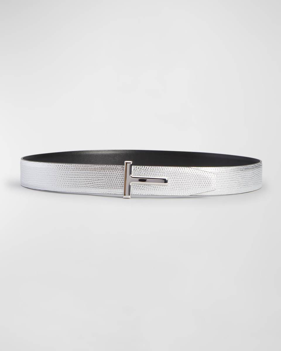 Silver Lizard-Embossed Reversible Leather Belt